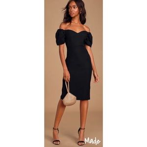 NWT Lulus Lucky Number Black Puff Sleeve Bodycon Midi Dress Size Small
